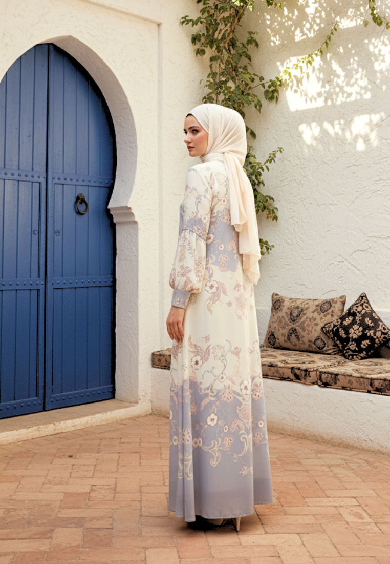 Persian Muslim Long Dress Pasley Motif In two Tone | Cream