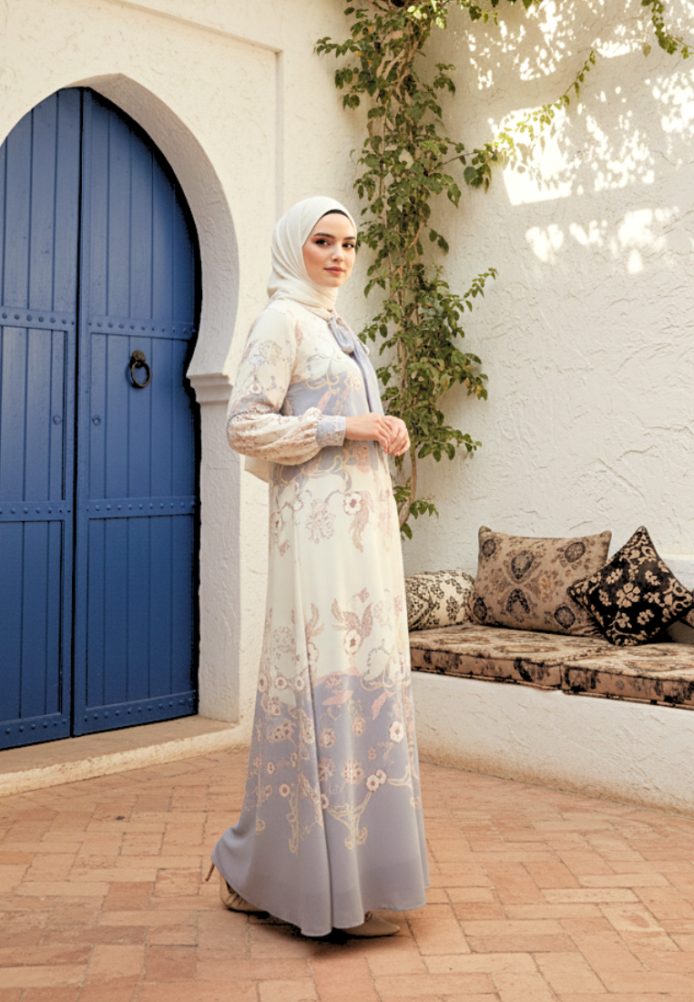 Persian Muslim Long Dress Pasley Motif In two Tone | Cream