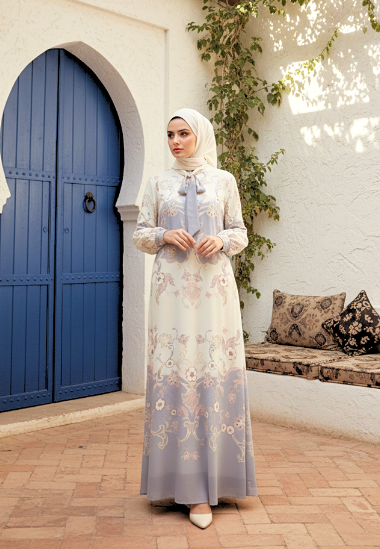 Persian Muslim Long Dress Pasley Motif In two Tone | Cream