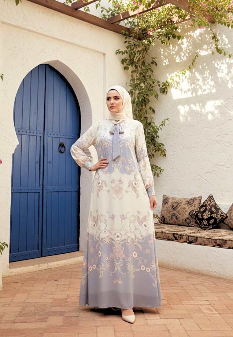 Persian Muslim Long Dress Pasley Motif In two Tone | Cream
