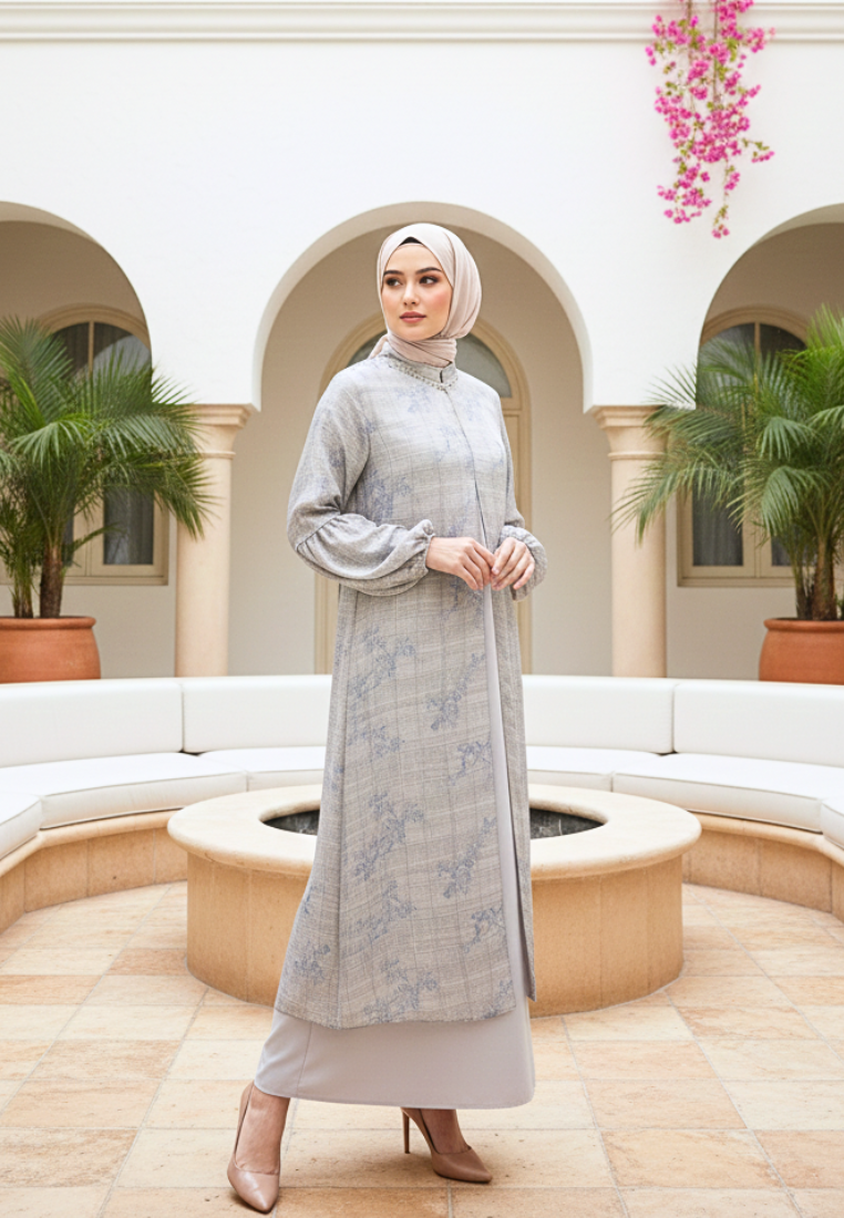 Khaira Muslim Long Dress Floral Motif Premium | Cream