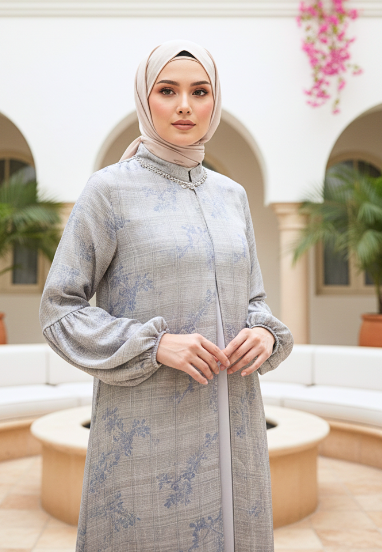 Khaira Muslim Long Dress Floral Motif Premium | Cream