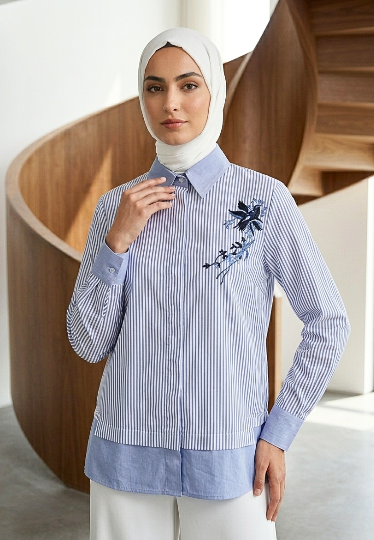Jamalia Stripes Cotton Shirt with Floral Embroidery | Blue