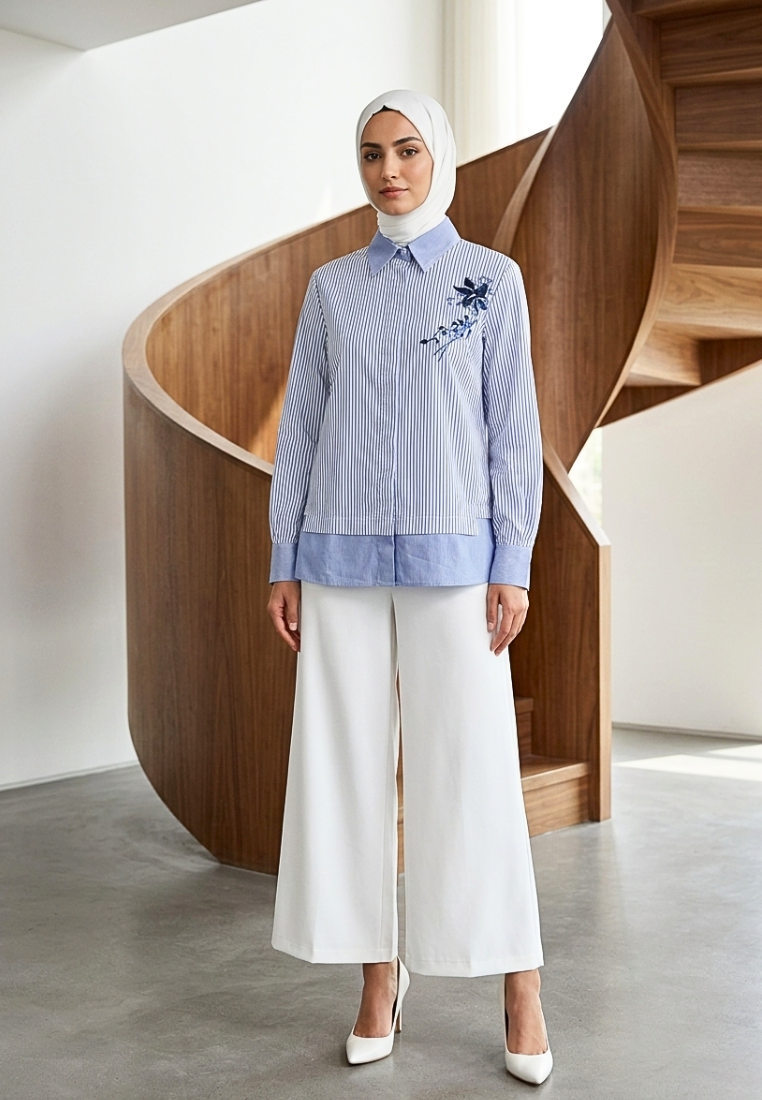 Jamalia Stripes Cotton Shirt with Floral Embroidery | Blue