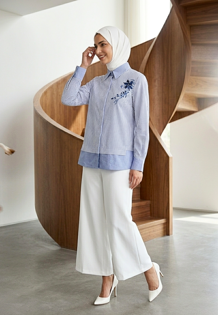 Jamalia Stripes Cotton Shirt with Floral Embroidery | Blue