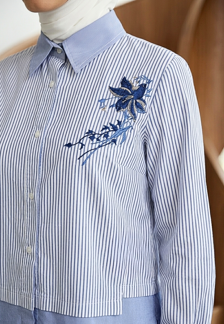 Jamalia Stripes Cotton Shirt with Floral Embroidery | Blue