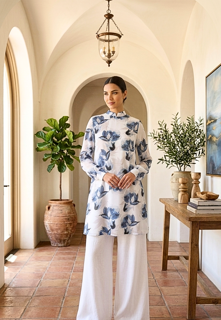 Elowen Floral Tunic Sifon With Long Sleeve | White