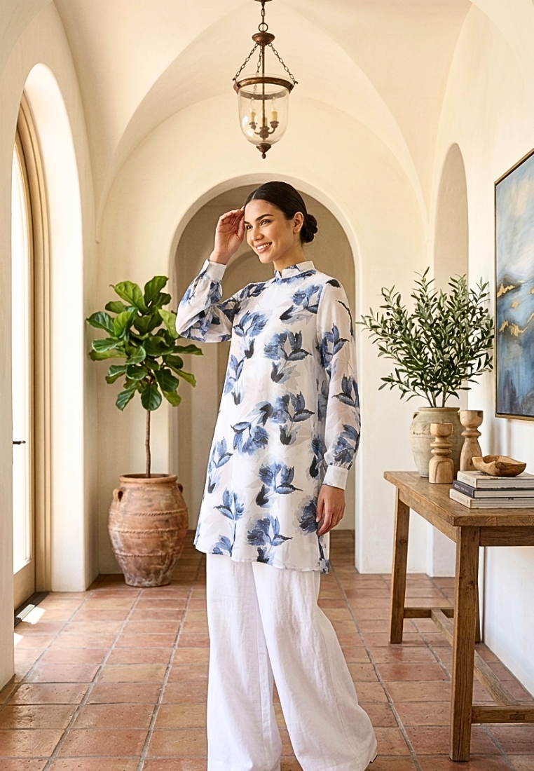 Elowen Floral Tunic Sifon With Long Sleeve | White