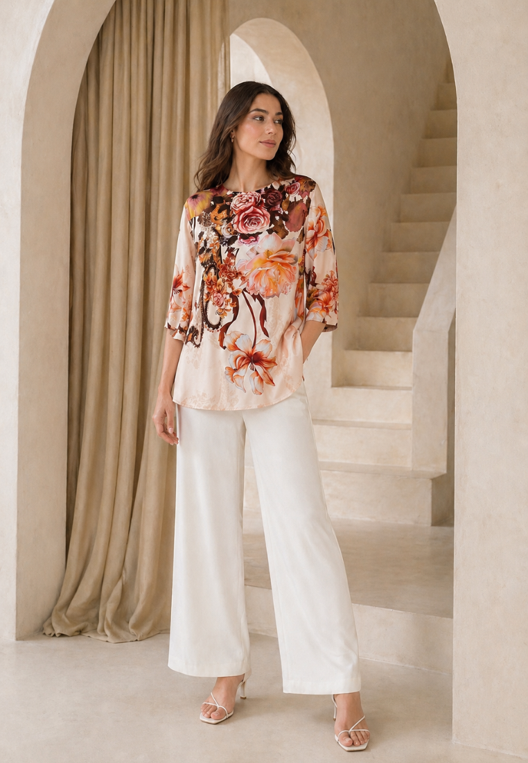 Rosie Flower Tops Round Neck Blouse | Cream