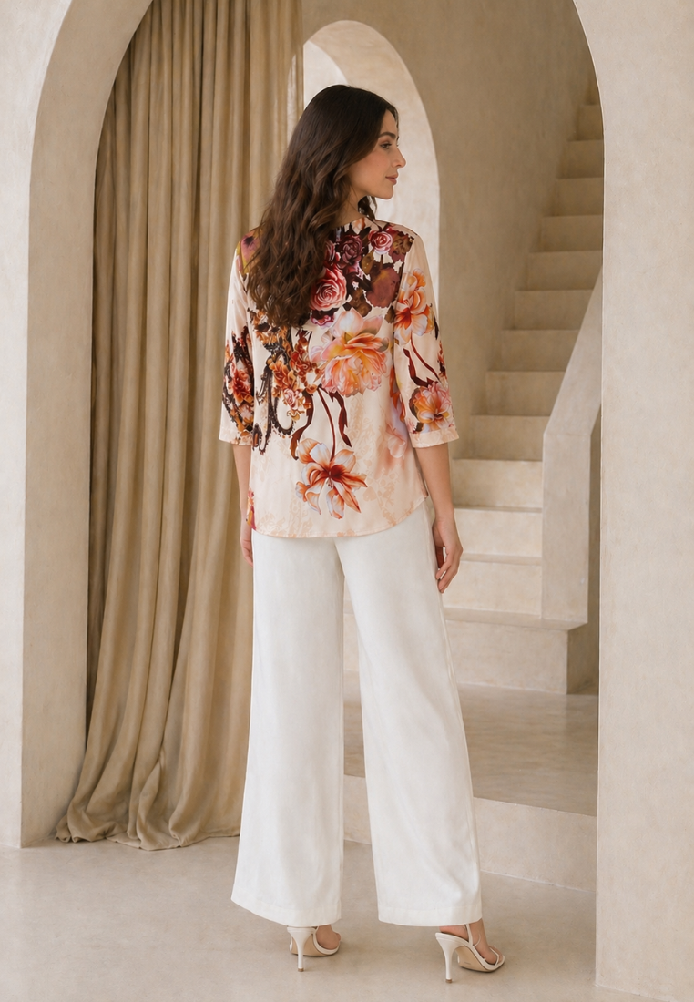 Rosie Flower Tops Round Neck Blouse | Cream