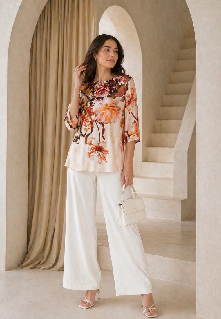 Rosie Flower Tops Round Neck Blouse | Cream