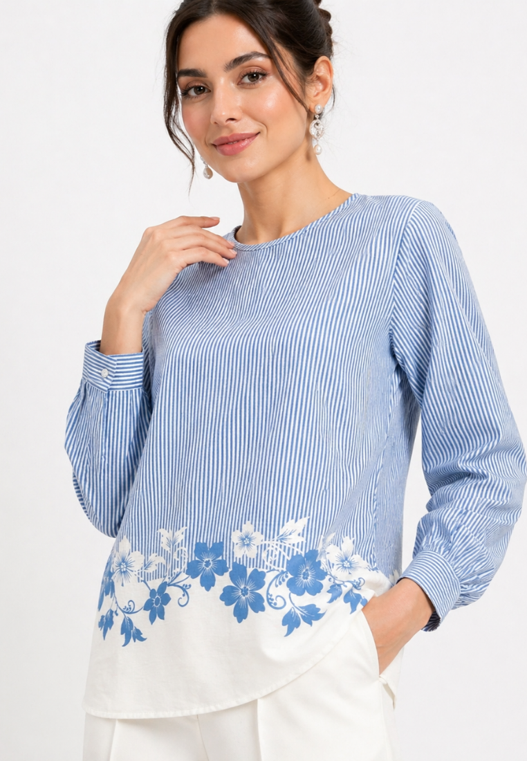 Lumi Blouse With Stripe And Floral Pattern | Blue