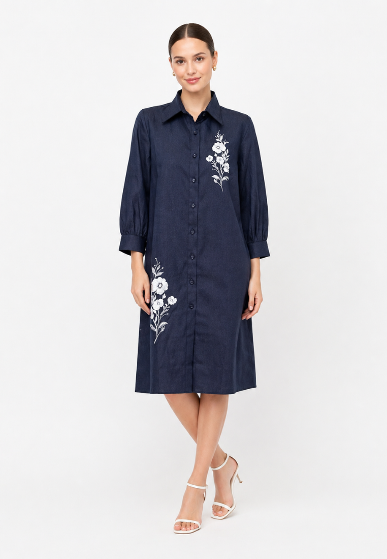 Evolve Midi Dress Denim With Embroidery | Navy