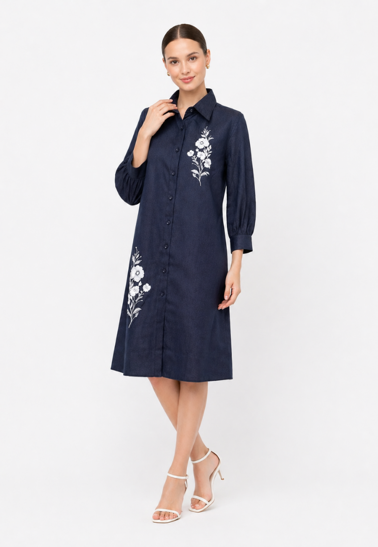Evolve Midi Dress Denim With Embroidery | Navy