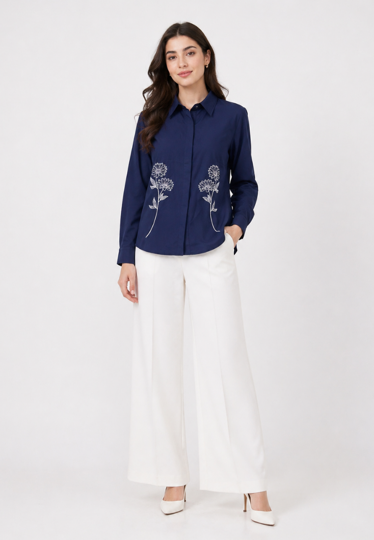 Lunela Shirt With Floral Embroidery Navy By Brilliant Girl