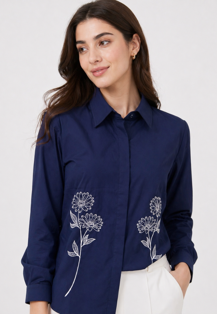 Lunela Shirt With Floral Embroidery Navy By Brilliant Girl