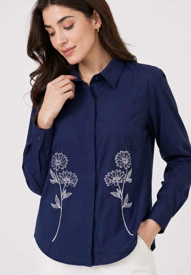 Lunela Shirt With Floral Embroidery Navy By Brilliant Girl