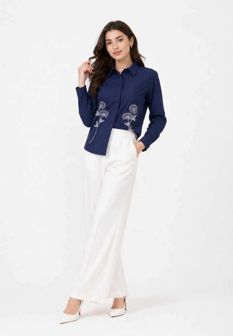 Lunela Shirt With Floral Embroidery Navy By Brilliant Girl