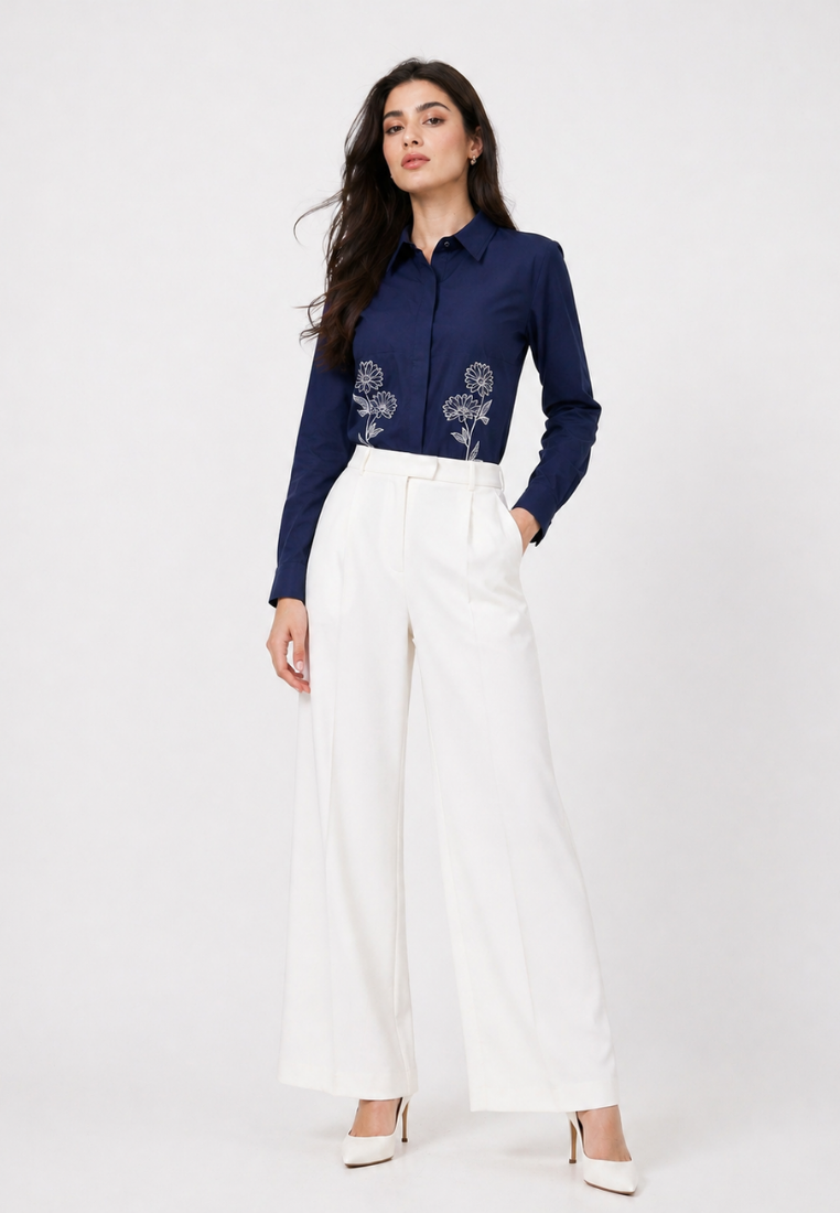 Lunela Shirt With Floral Embroidery Navy By Brilliant Girl