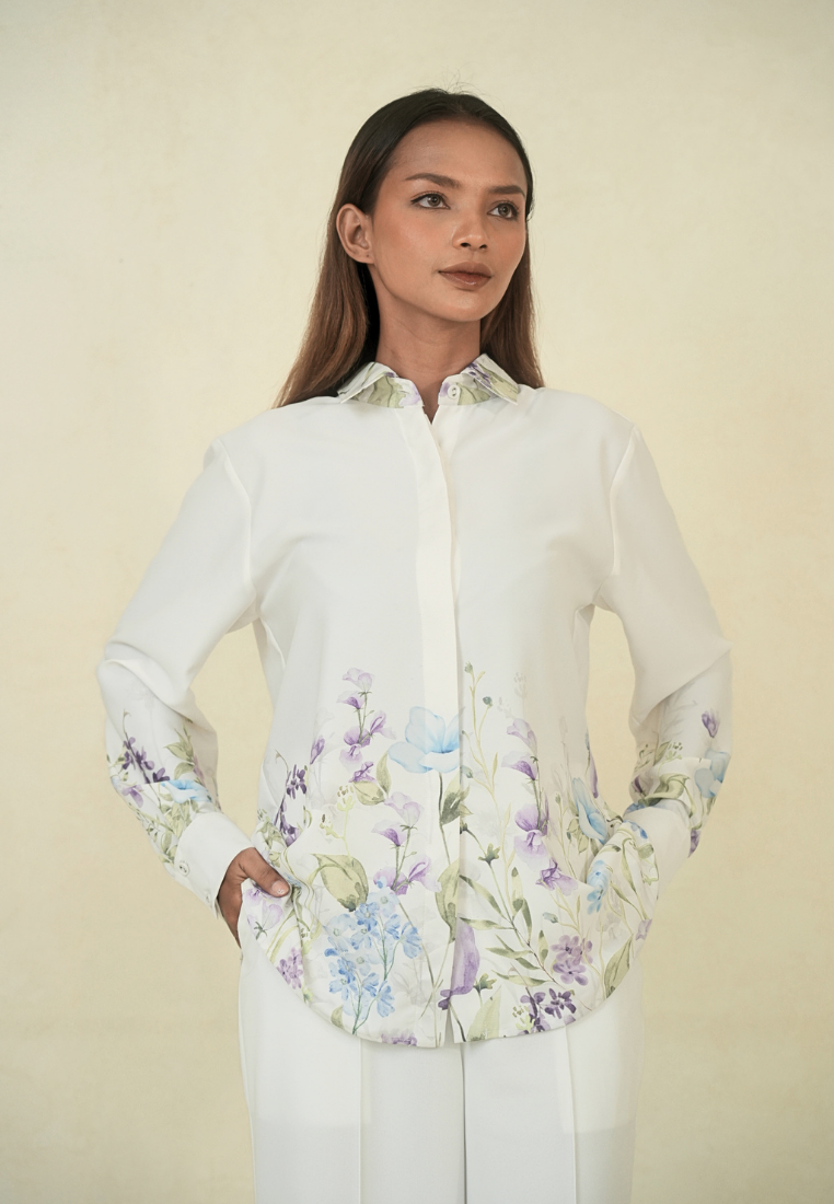Mirella Shirt Floral Pattern With Long Sleeve | White