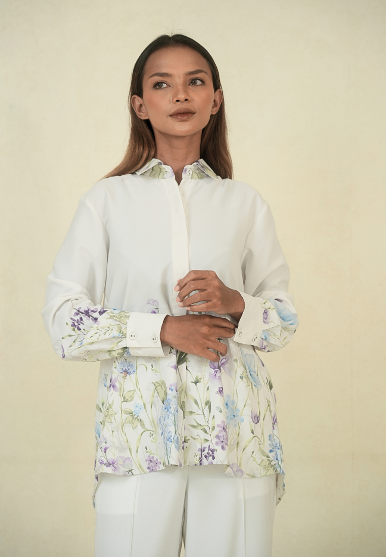 Mirella Shirt Floral Pattern With Long Sleeve | White