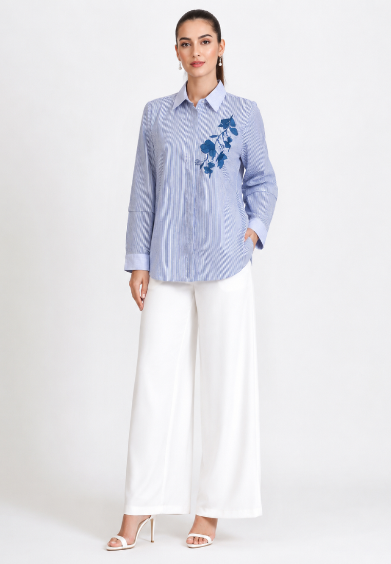 Areli Stripe Shirt With Floral Embroidery | Blue