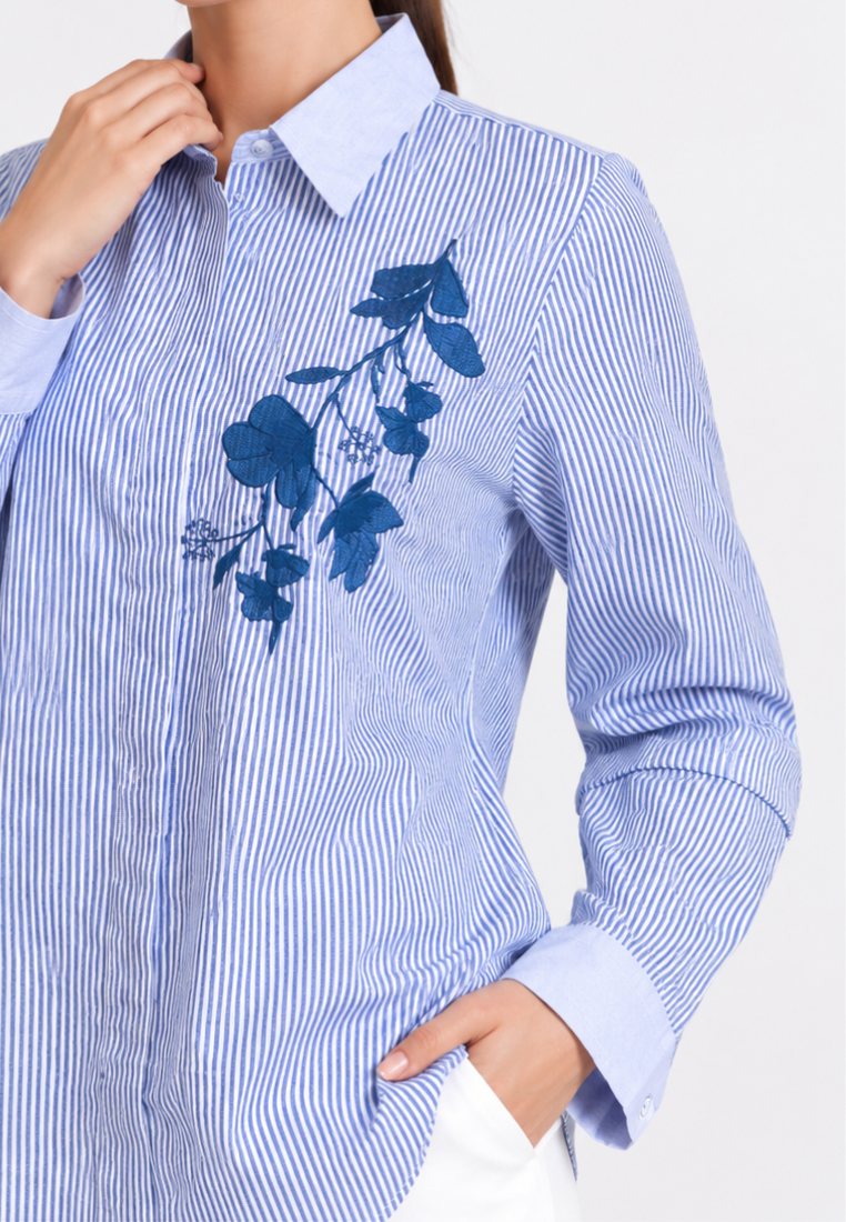 Areli Stripe Shirt With Floral Embroidery | Blue