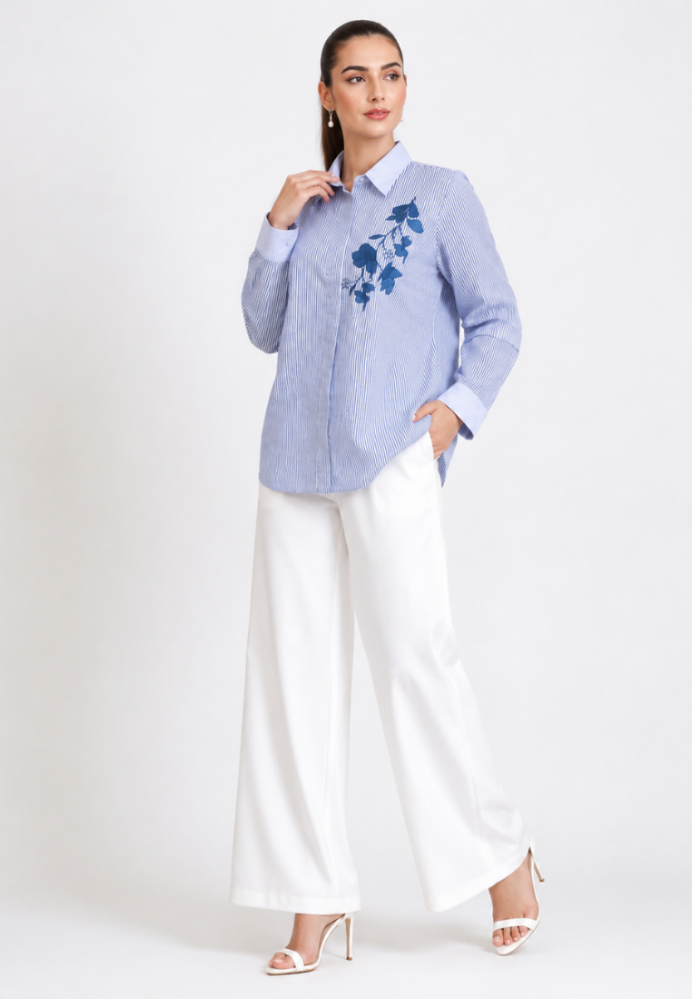 Areli Stripe Shirt With Floral Embroidery | Blue
