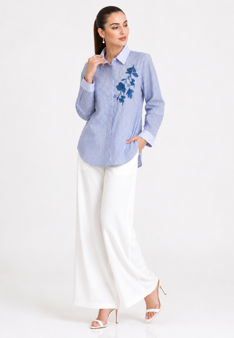 Areli Stripe Shirt With Floral Embroidery | Blue