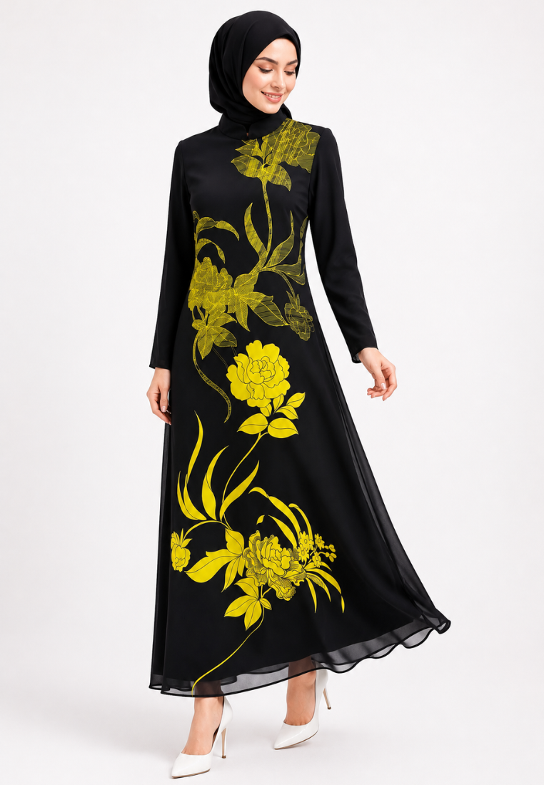 Salma Sifon Muslim Long Dress With Floral Pattern In Black By Brilliant Girl