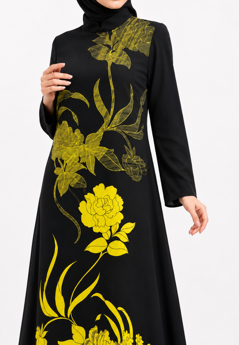 Salma Sifon Muslim Long Dress With Floral Pattern In Black By Brilliant Girl