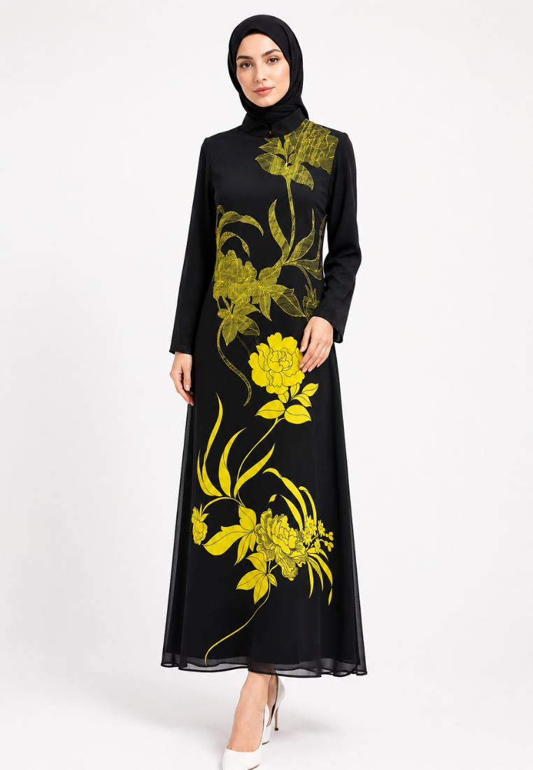Salma Sifon Muslim Long Dress With Floral Pattern In Black By Brilliant Girl