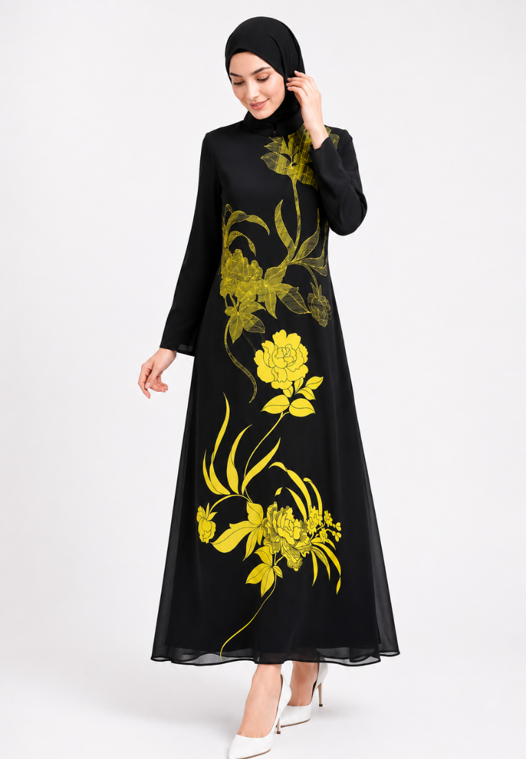 Salma Sifon Muslim Long Dress With Floral Pattern In Black By Brilliant Girl