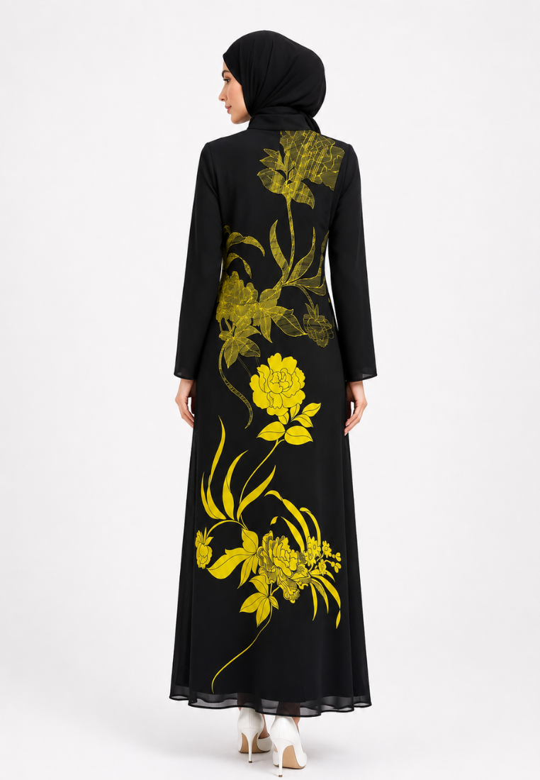 Salma Sifon Muslim Long Dress With Floral Pattern In Black By Brilliant Girl
