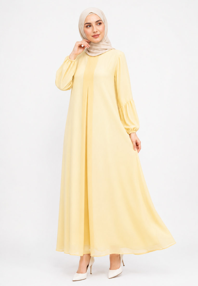 Liora Gamis Long Dress With Puff Sleeve | Butter Yellow And Mint Green