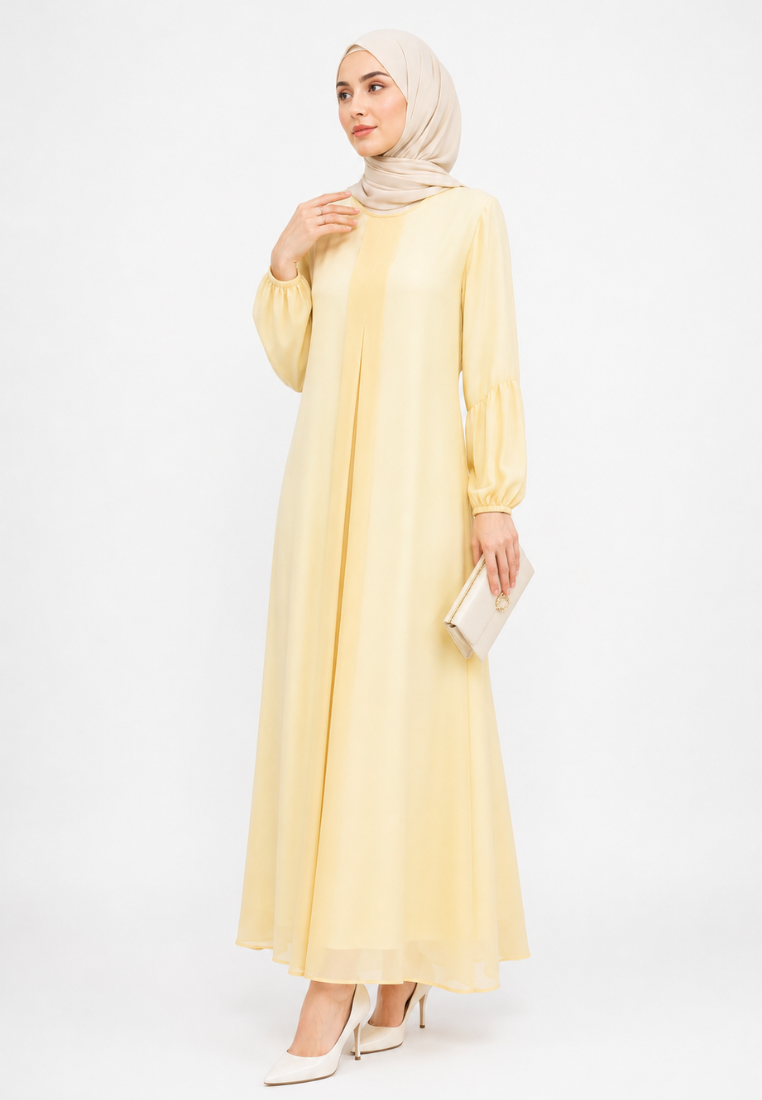 Liora Gamis Long Dress With Puff Sleeve | Butter Yellow And Mint Green