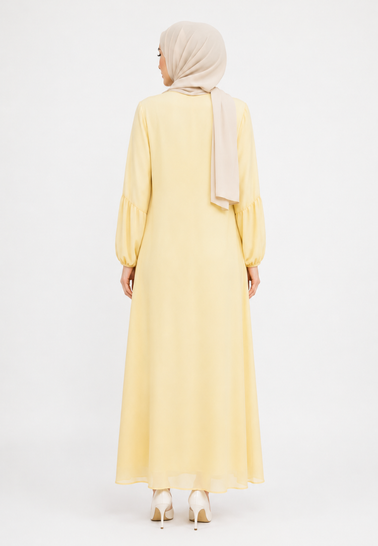 Liora Gamis Long Dress With Puff Sleeve | Butter Yellow And Mint Green
