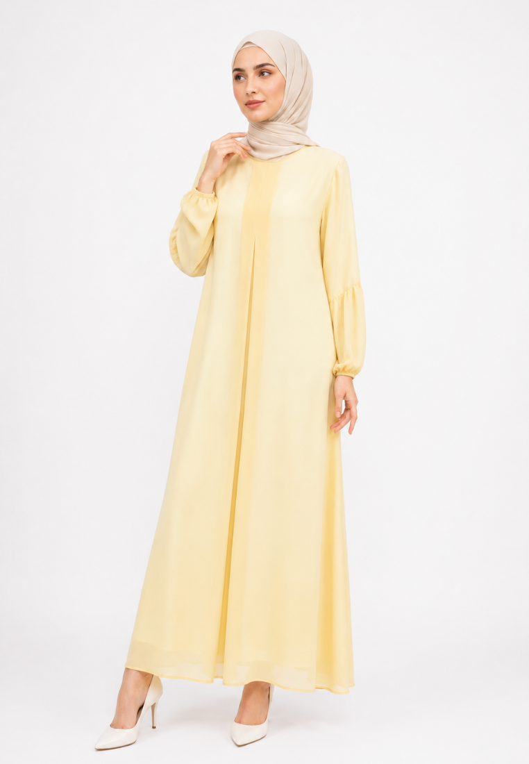 Liora Gamis Long Dress With Puff Sleeve | Butter Yellow And Mint Green