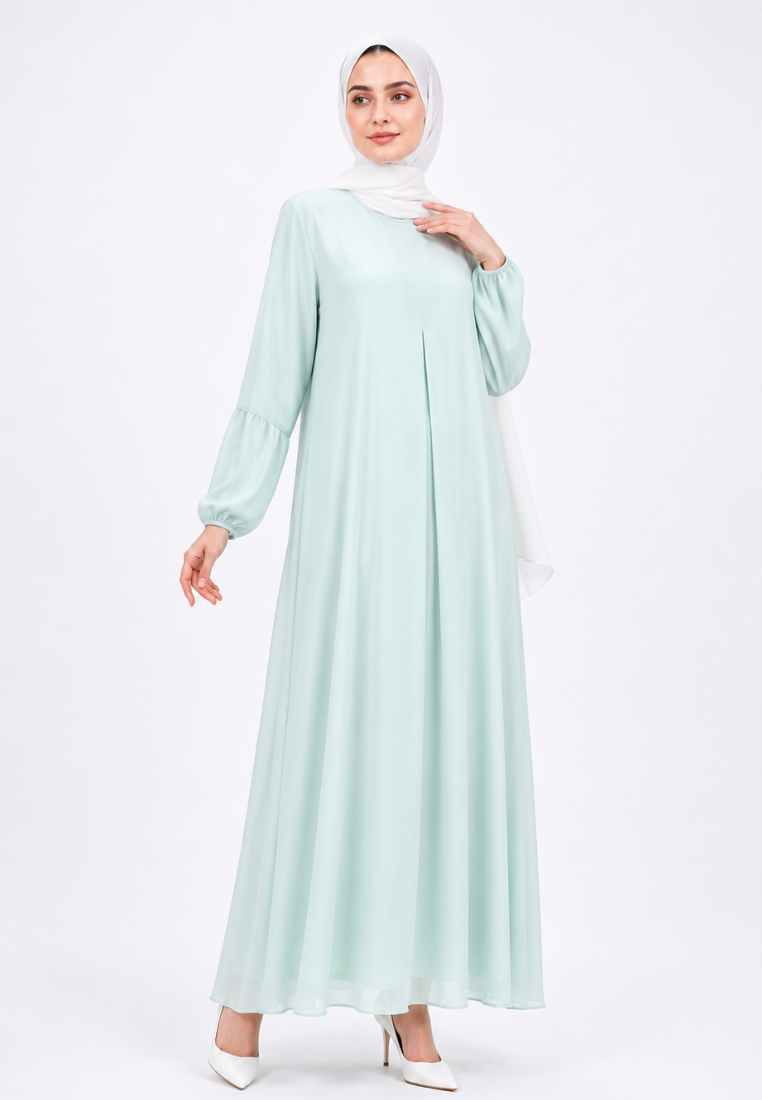 Liora Gamis Long Dress With Puff Sleeve | Butter Yellow And Mint Green