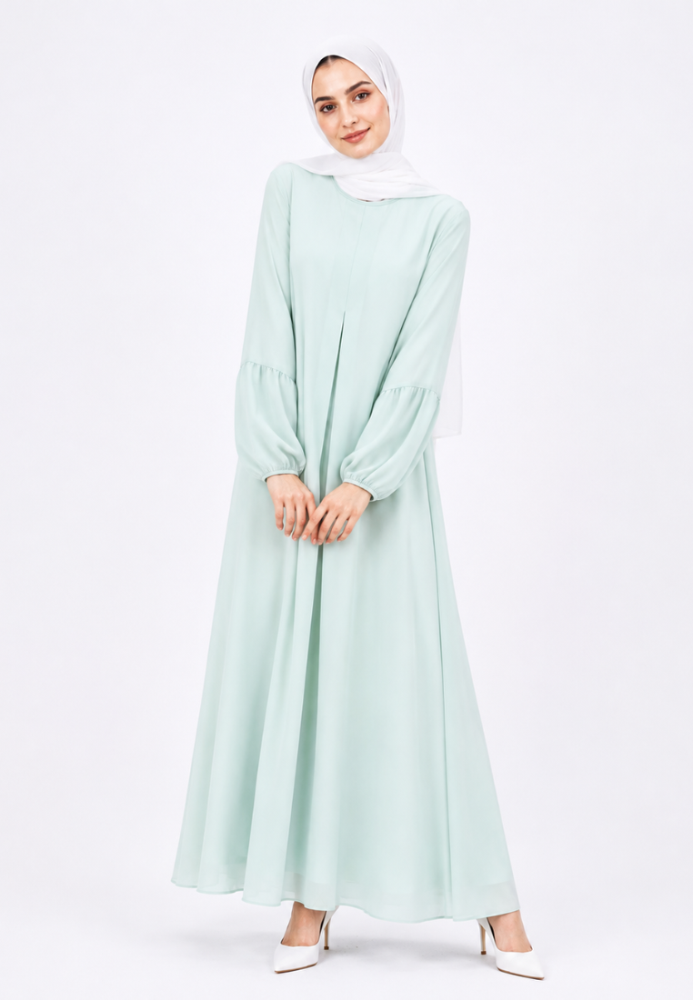 Liora Gamis Long Dress With Puff Sleeve | Butter Yellow And Mint Green