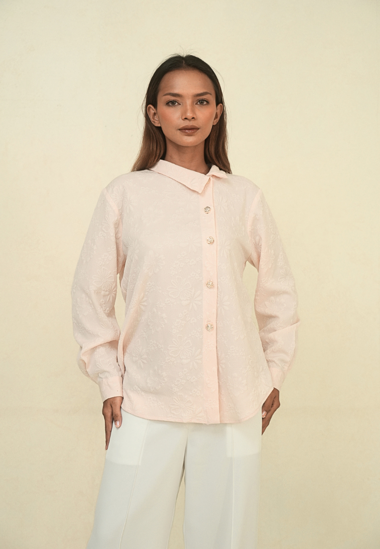 Noemie Shirt Blouse Soft Peach Motif Floral Embossed | Peach By Brilliant Girl