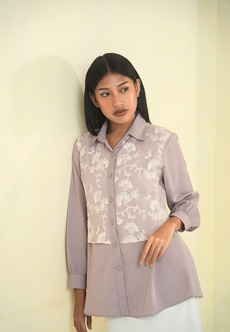 Calaire Sheer Embroidery Shirt With Long Sleeve | Pink