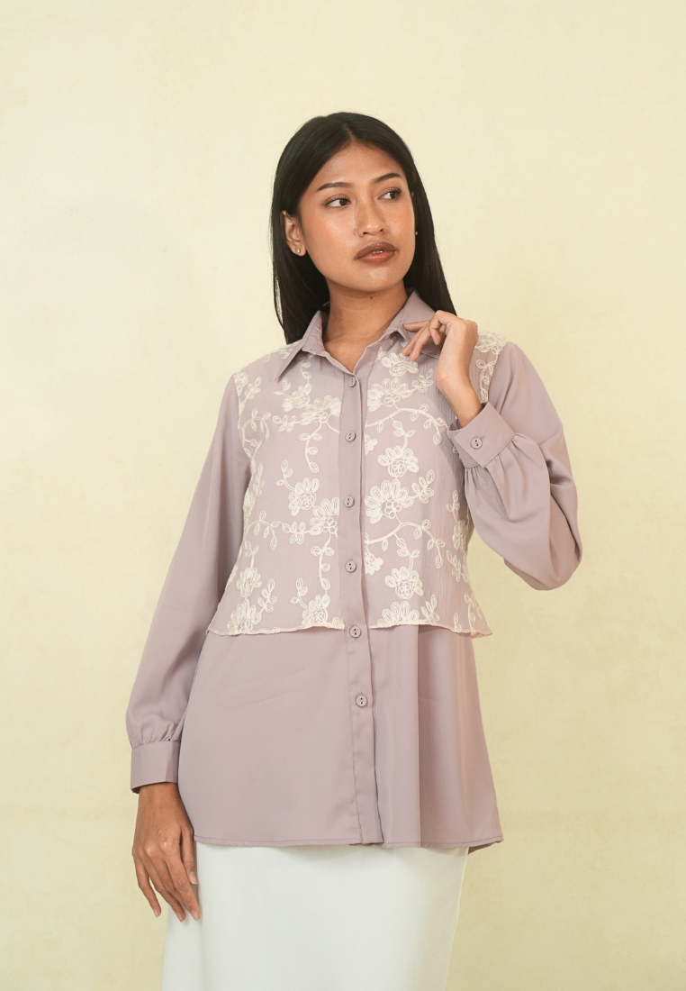 Calaire Sheer Embroidery Shirt With Long Sleeve | Pink