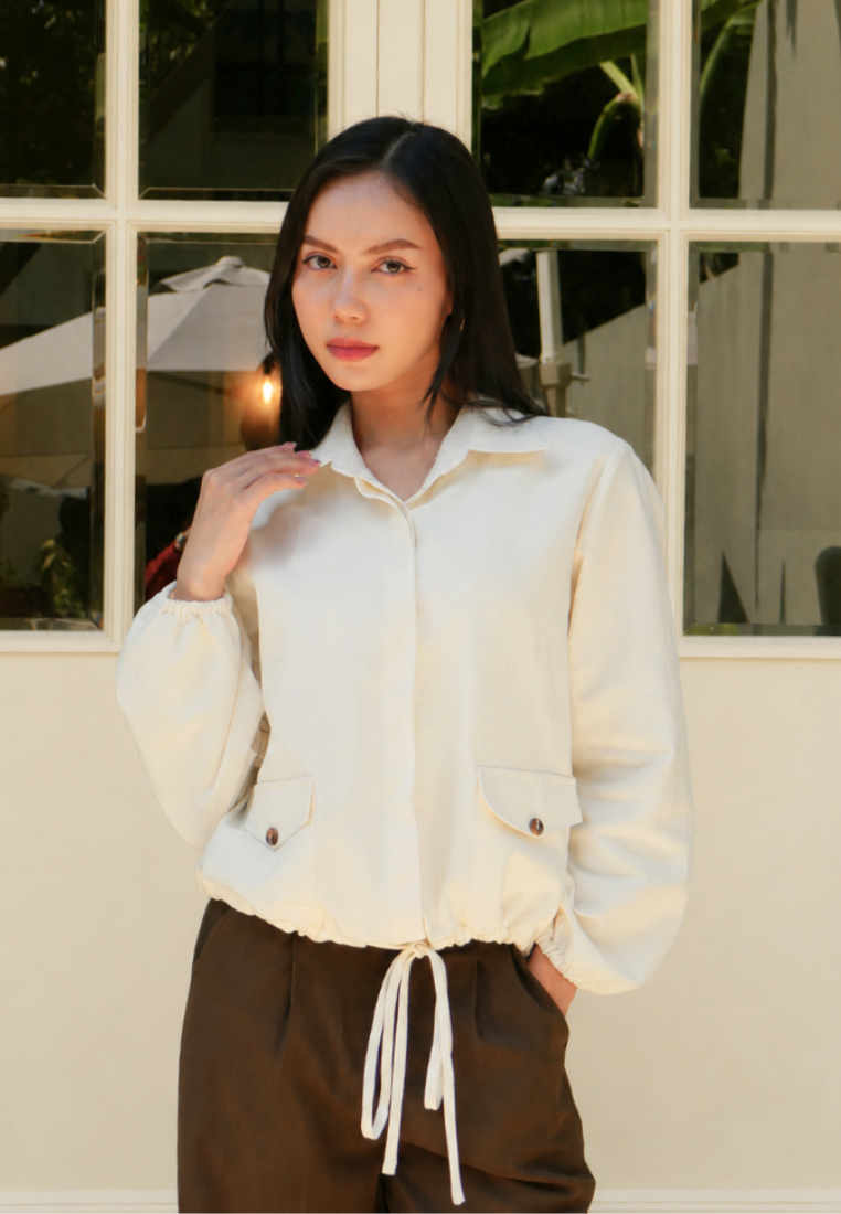 Leona Blouse with Drawstring Detail | Cream