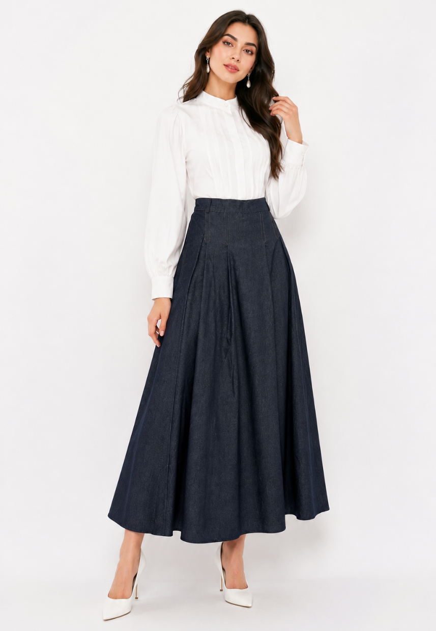 Eloise Pleated Denim Skirt | Navy