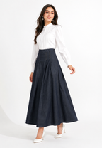 Eloise Pleated Denim Skirt | Navy