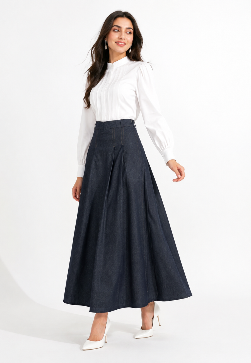 Eloise Pleated Denim Skirt | Navy