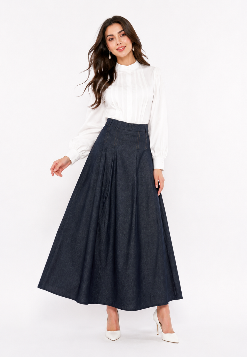 Eloise Pleated Denim Skirt | Navy