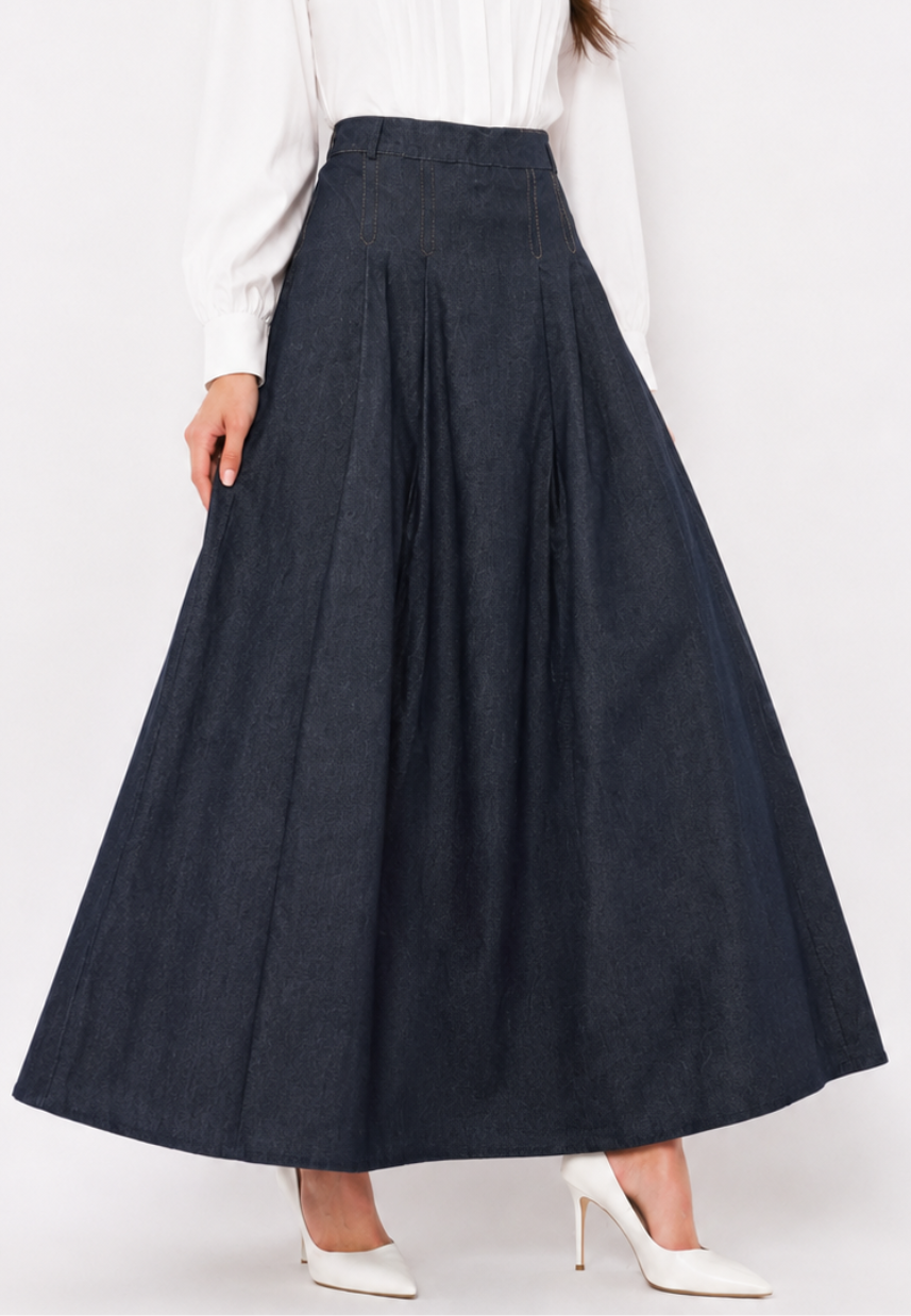 Eloise Pleated Denim Skirt | Navy