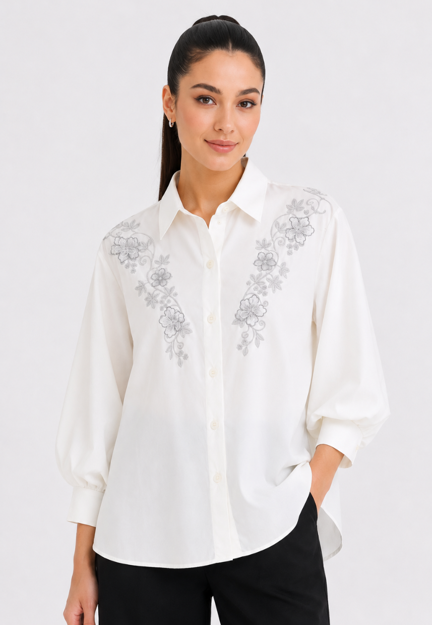 Leonie Embroidery Blouse With Puff Sleeve | White